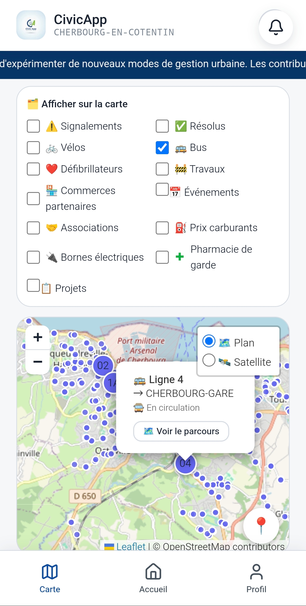 Carte des bus en temps réel avec la ligne et la destination