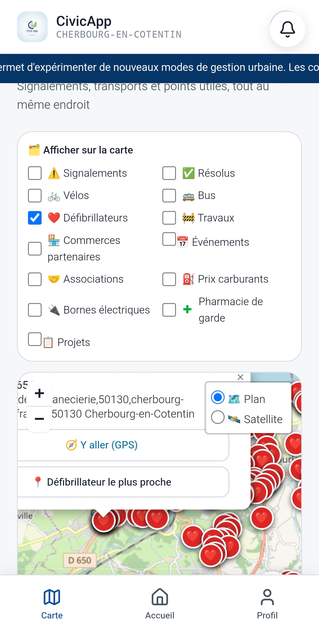 Carte des défibrillateurs avec bouton défibrillateur le plus proche