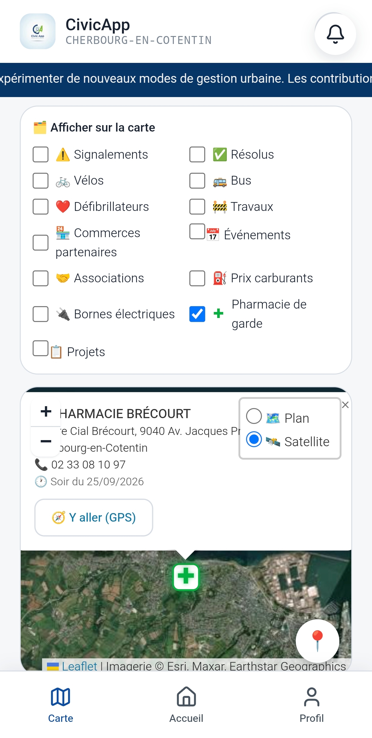 Carte de la pharmacie de garde avec téléphone et itinéraire