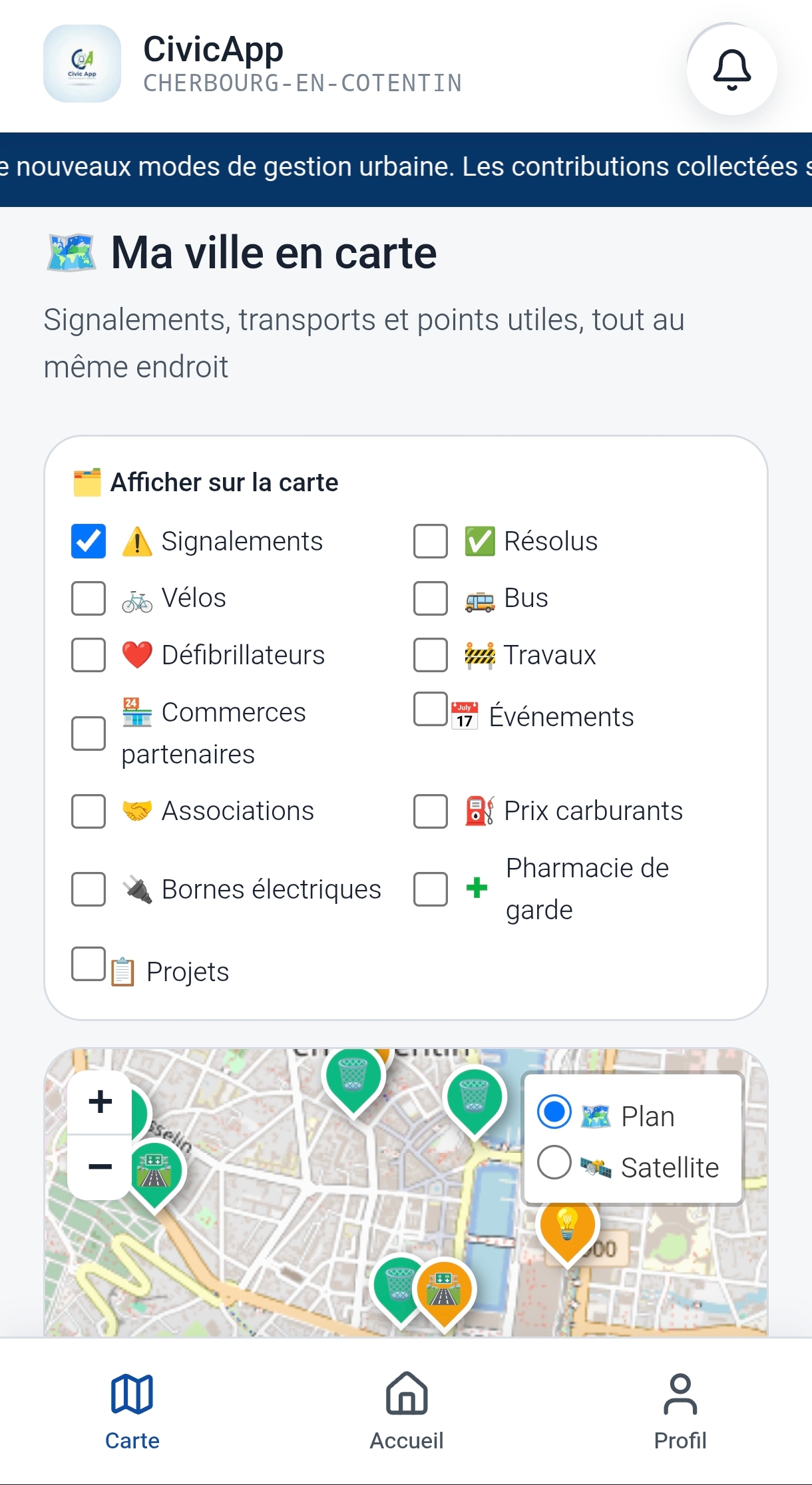 Carte affichant les signalements et signalements résolus