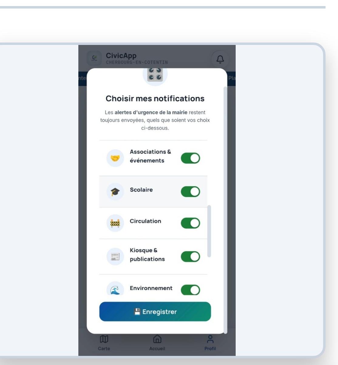Menu « Choisir mes notifications » avec interrupteurs par sujet
