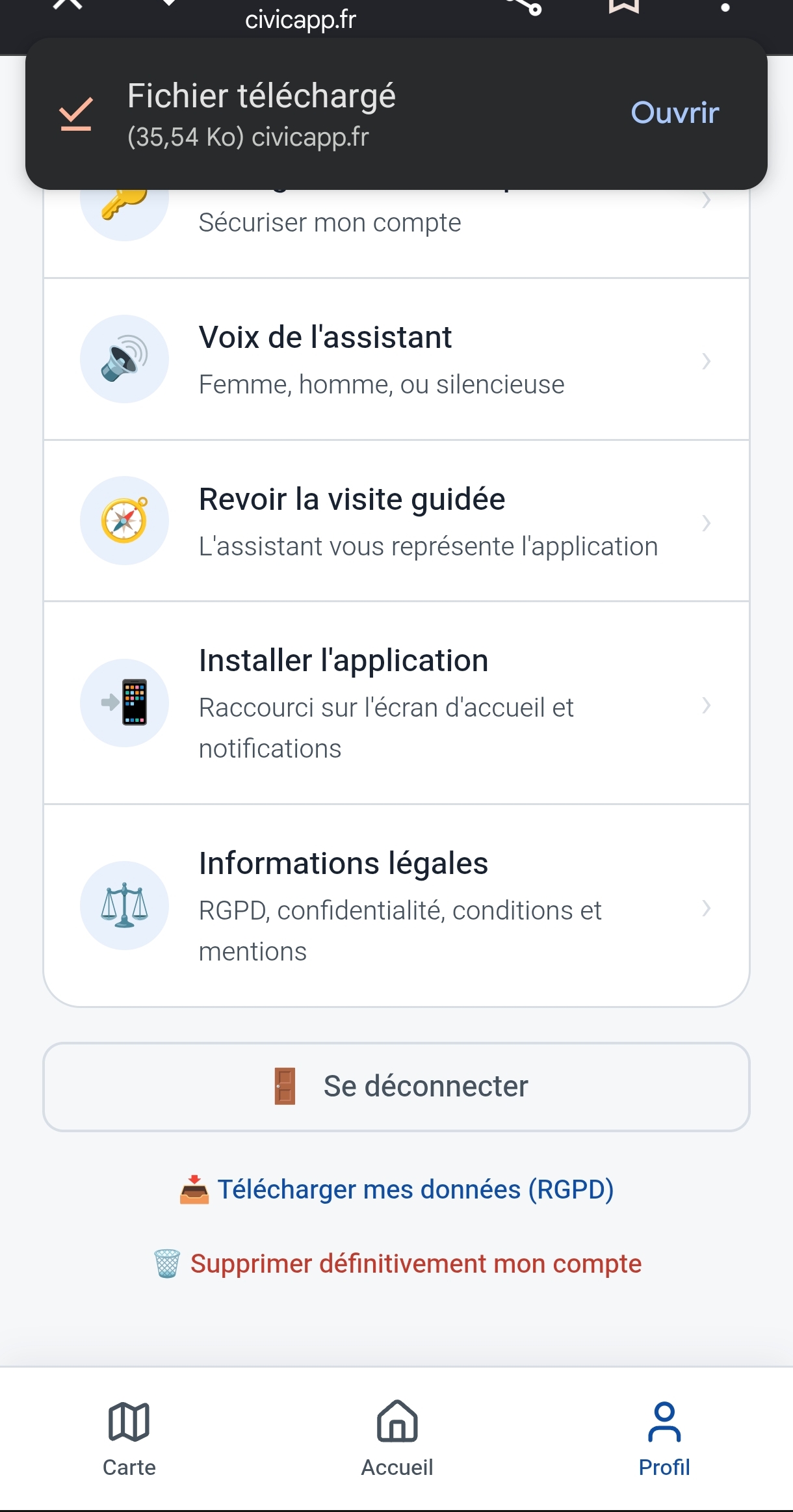 Export RGPD en action : fichier de données de l'utilisateur téléchargé depuis l'application