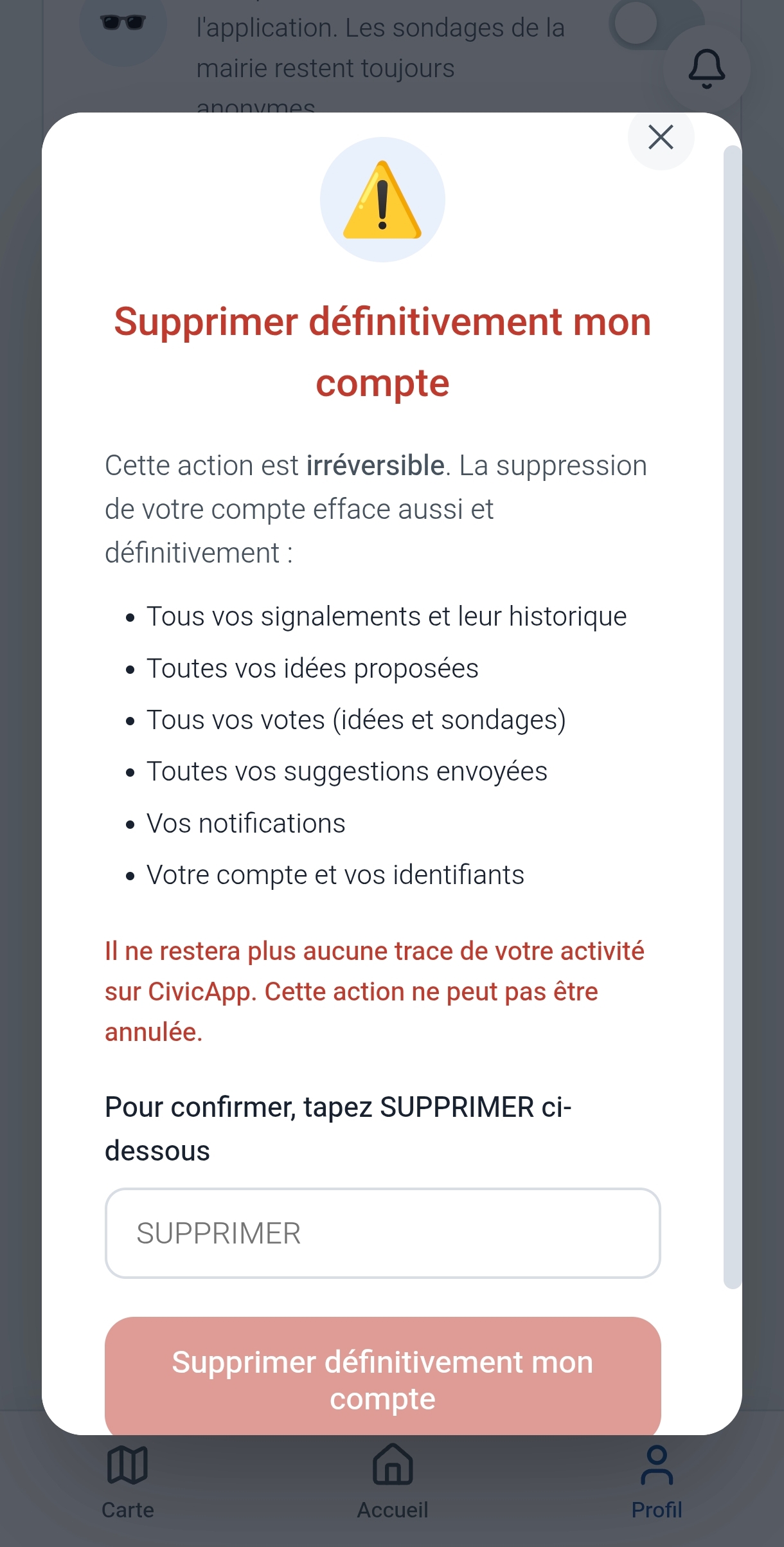Fenêtre de suppression définitive du compte avec confirmation