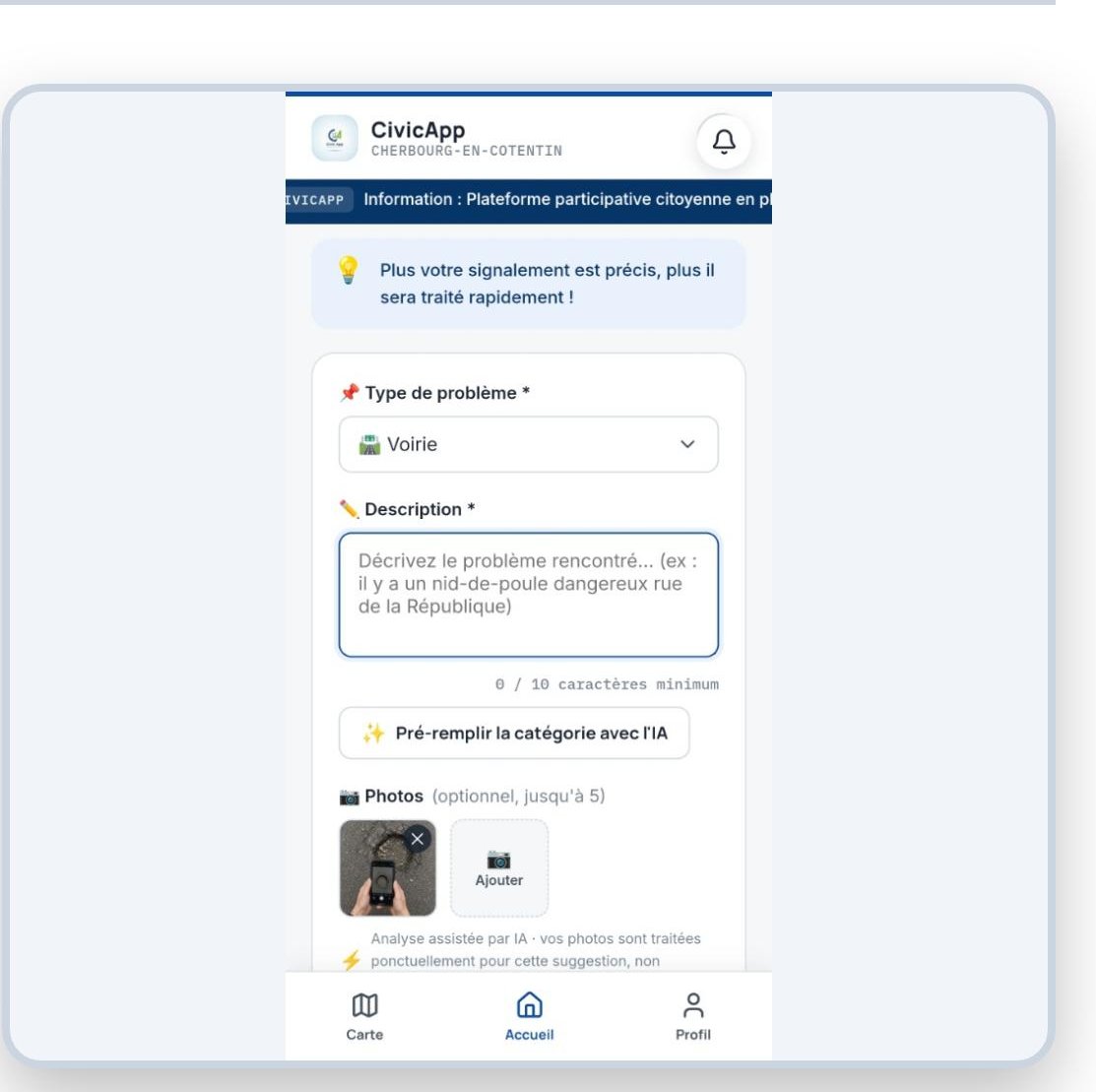 Formulaire de signalement avec suggestion IA