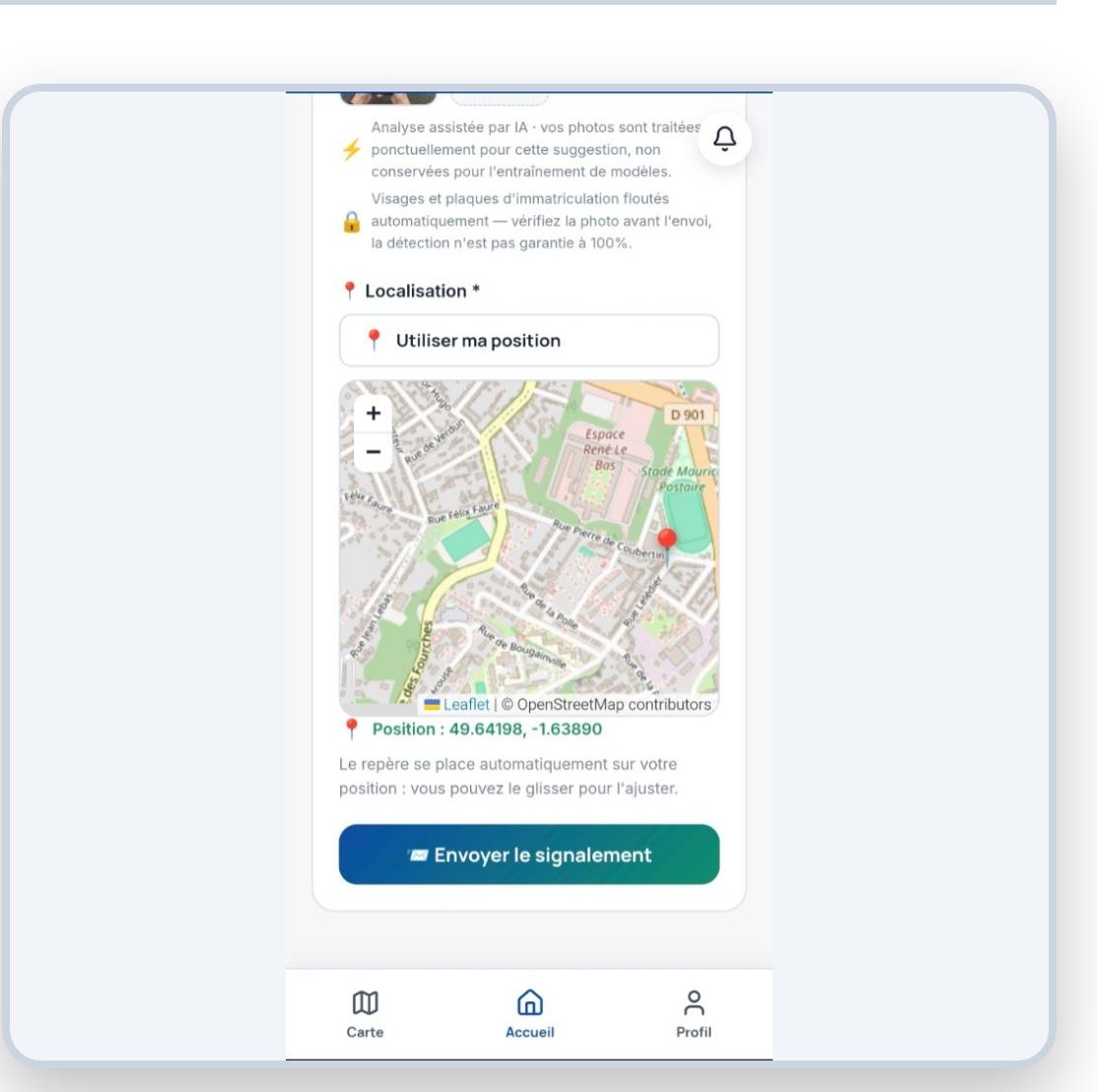 Carte de localisation et envoi du signalement