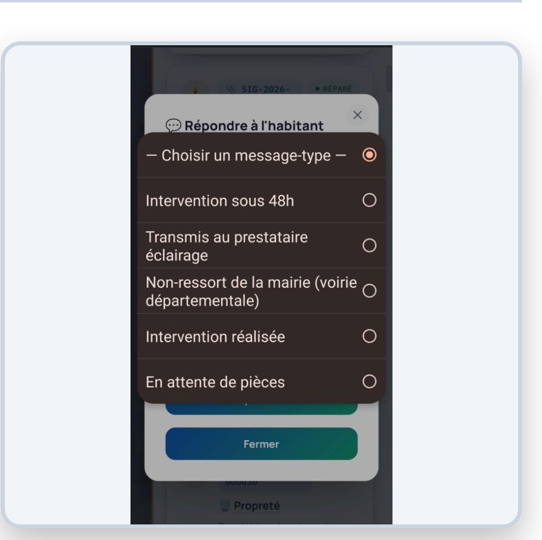 Menu des modèles de réponses pour l'agent