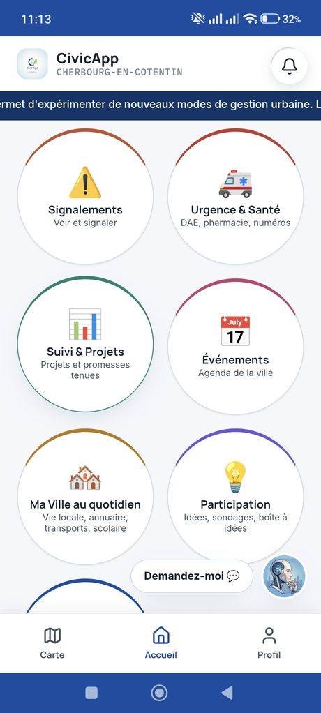 CivicApp — écran habitant : accueil et services